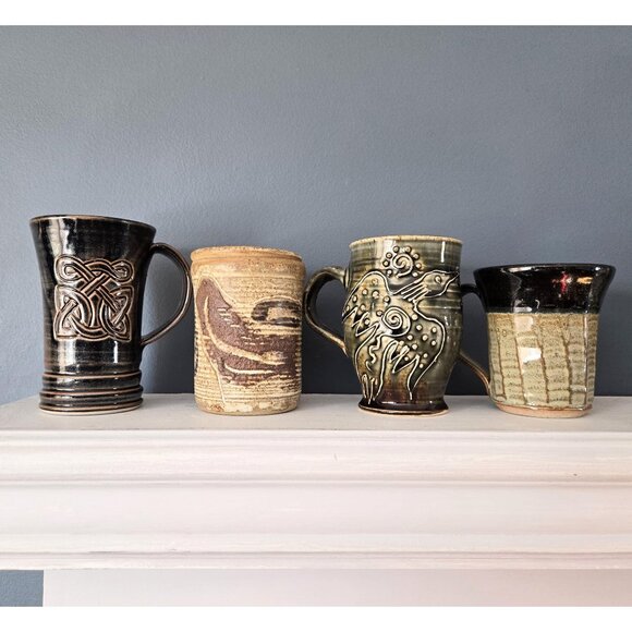 Curated Set of Four Handmade Studio Pottery Mugs Mismatched Dark Moody Earthy - Picture 1 of 10